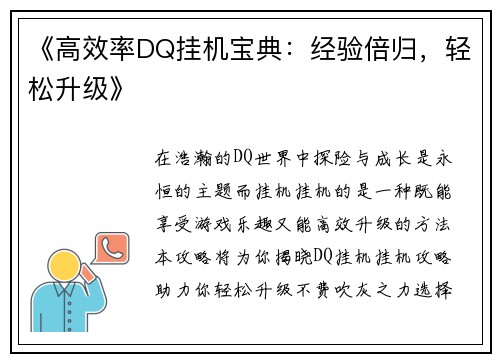 《高效率DQ挂机宝典：经验倍归，轻松升级》