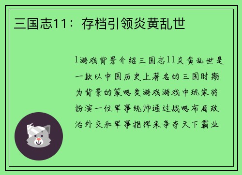 三国志11：存档引领炎黄乱世