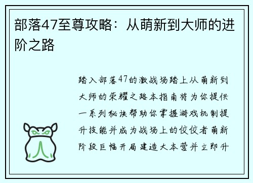 部落47至尊攻略：从萌新到大师的进阶之路