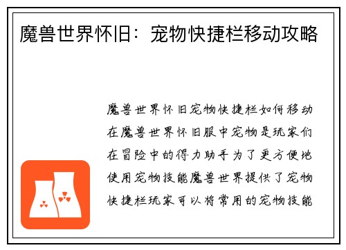 魔兽世界怀旧：宠物快捷栏移动攻略